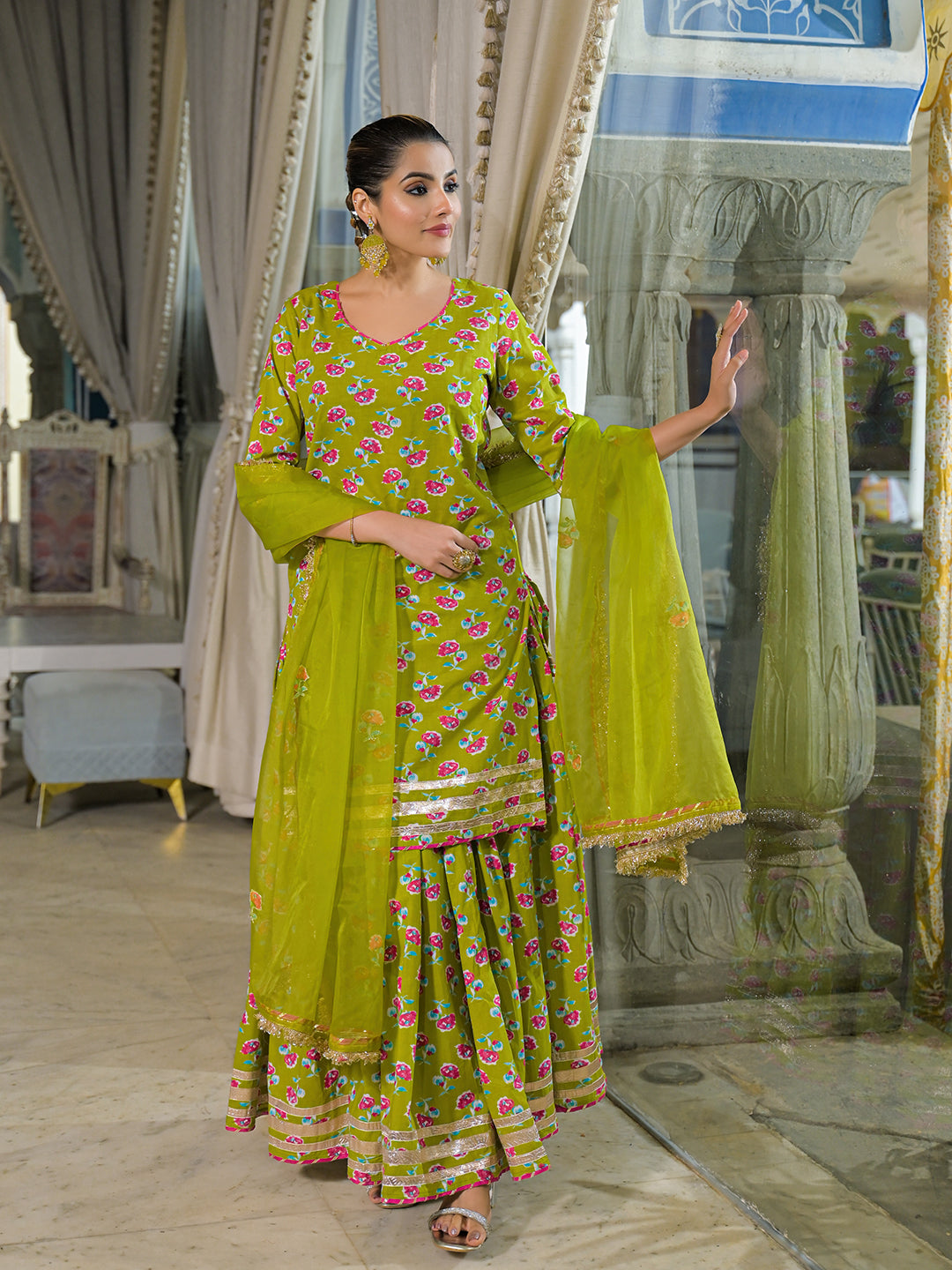 Divena Green Cotton Kurti Lehenga Sets With Dupatta