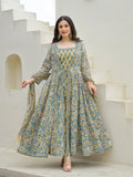 Divena Beige Cotton Hand Block Anarkali Kurta Pant Sets Dupatta with Jecket