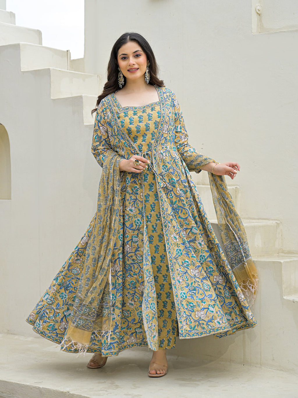 Divena Beige Cotton Hand Block Anarkali Kurta Pant Sets Dupatta with Jecket