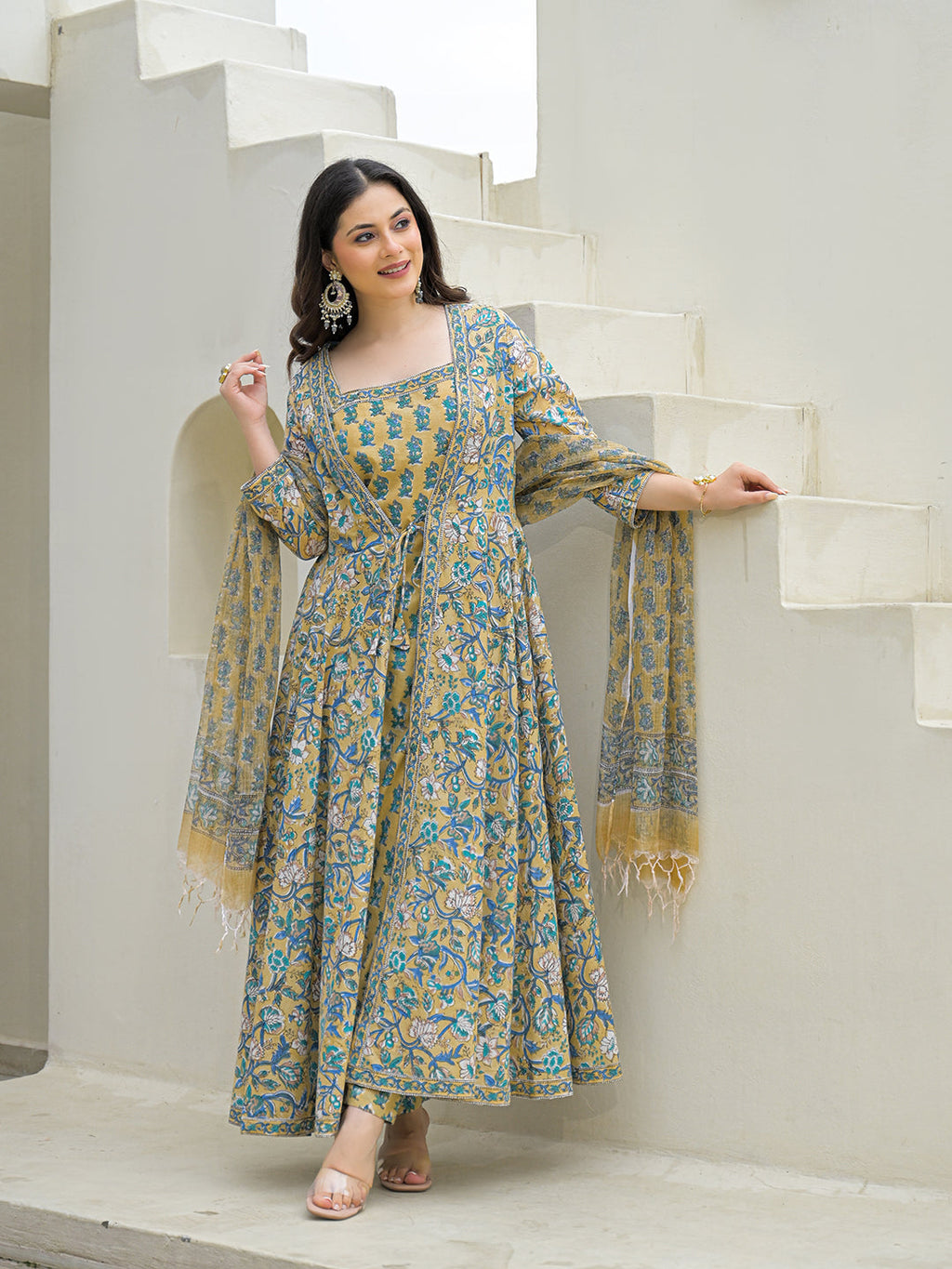 Divena Beige Cotton Hand Block Anarkali Kurta Pant Sets Dupatta with Jecket