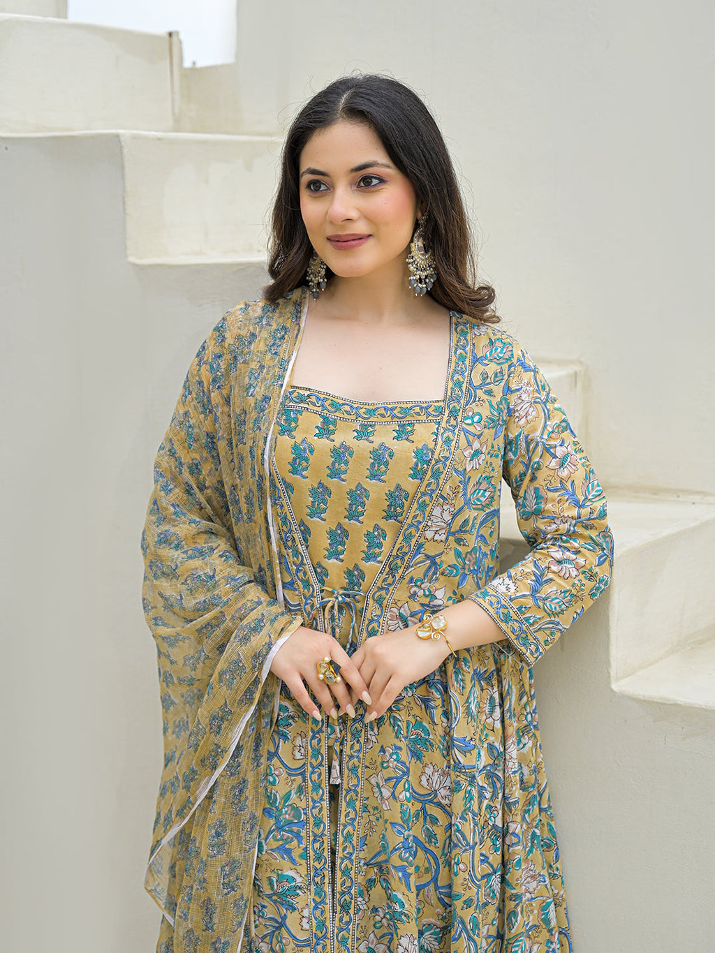 Divena Beige Cotton Hand Block Anarkali Kurta Pant Sets Dupatta with Jecket
