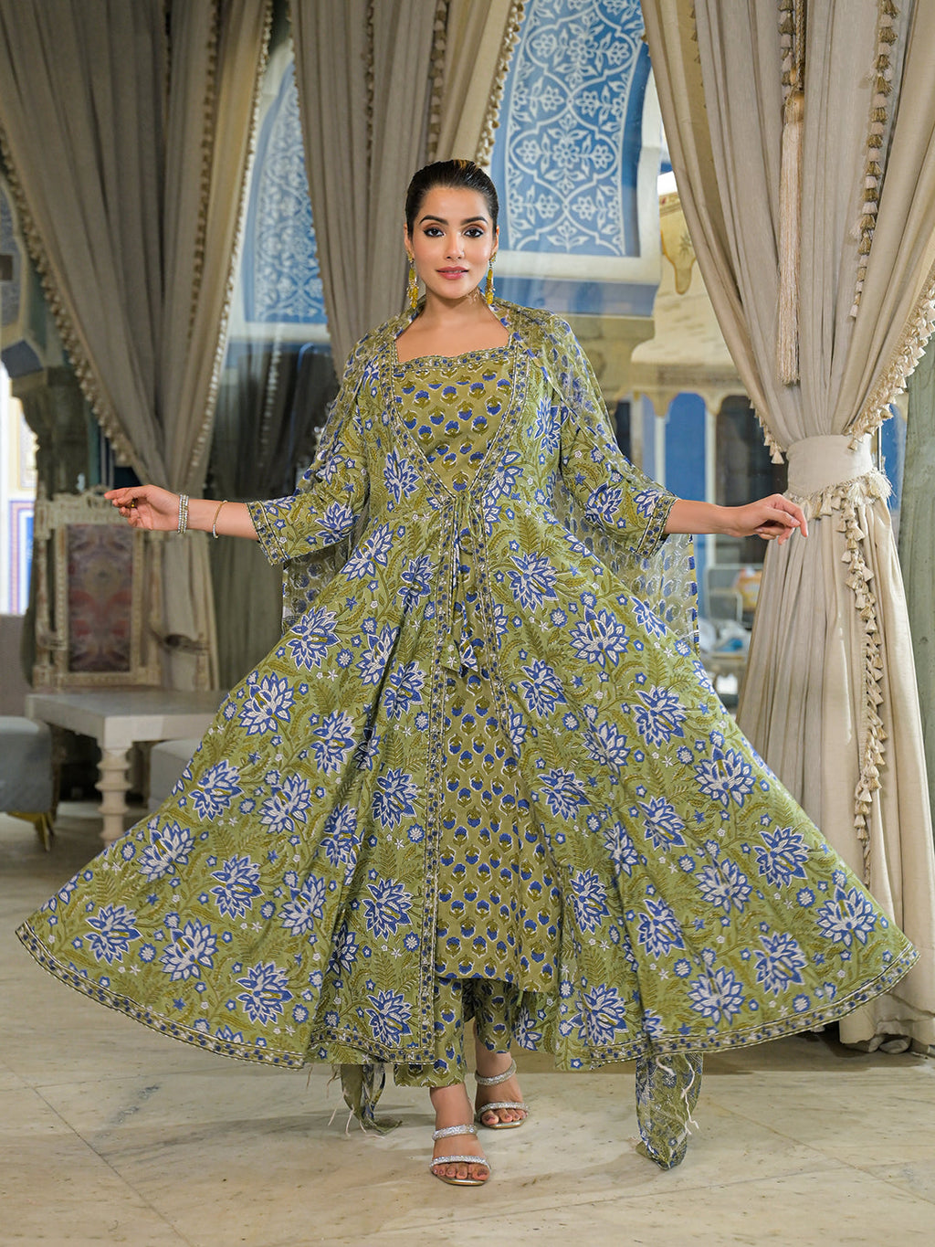 Divena Green Hand Block Cotton Anarkali Kurta Pant With Dupatta & Jecket