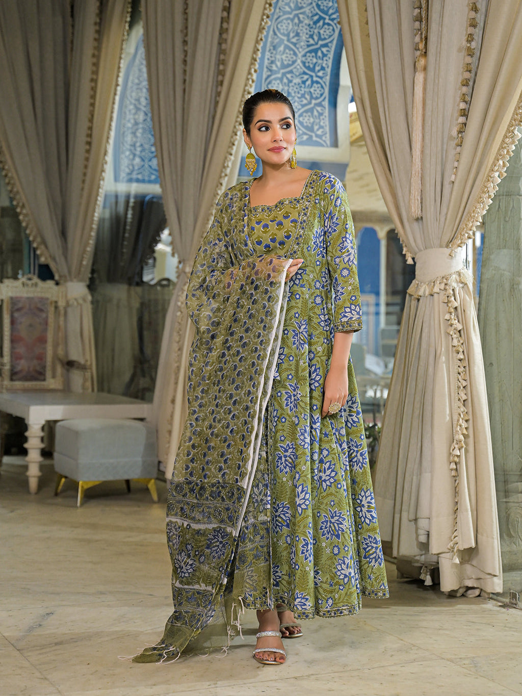 Divena Green Hand Block Cotton Anarkali Kurta Pant With Dupatta & Jecket