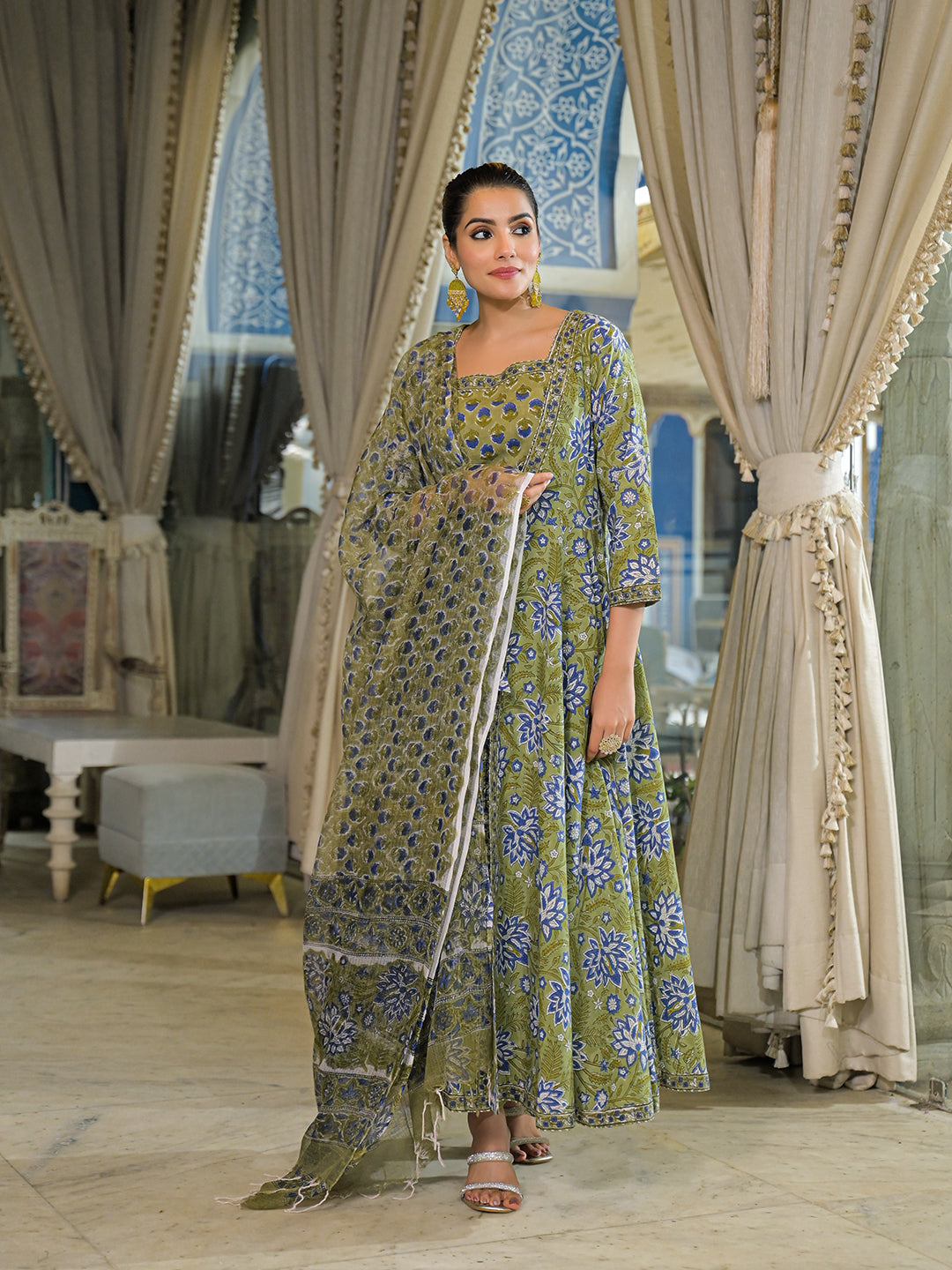 Divena Green Hand Block Cotton Anarkali Kurta Pant With Dupatta & Jecket