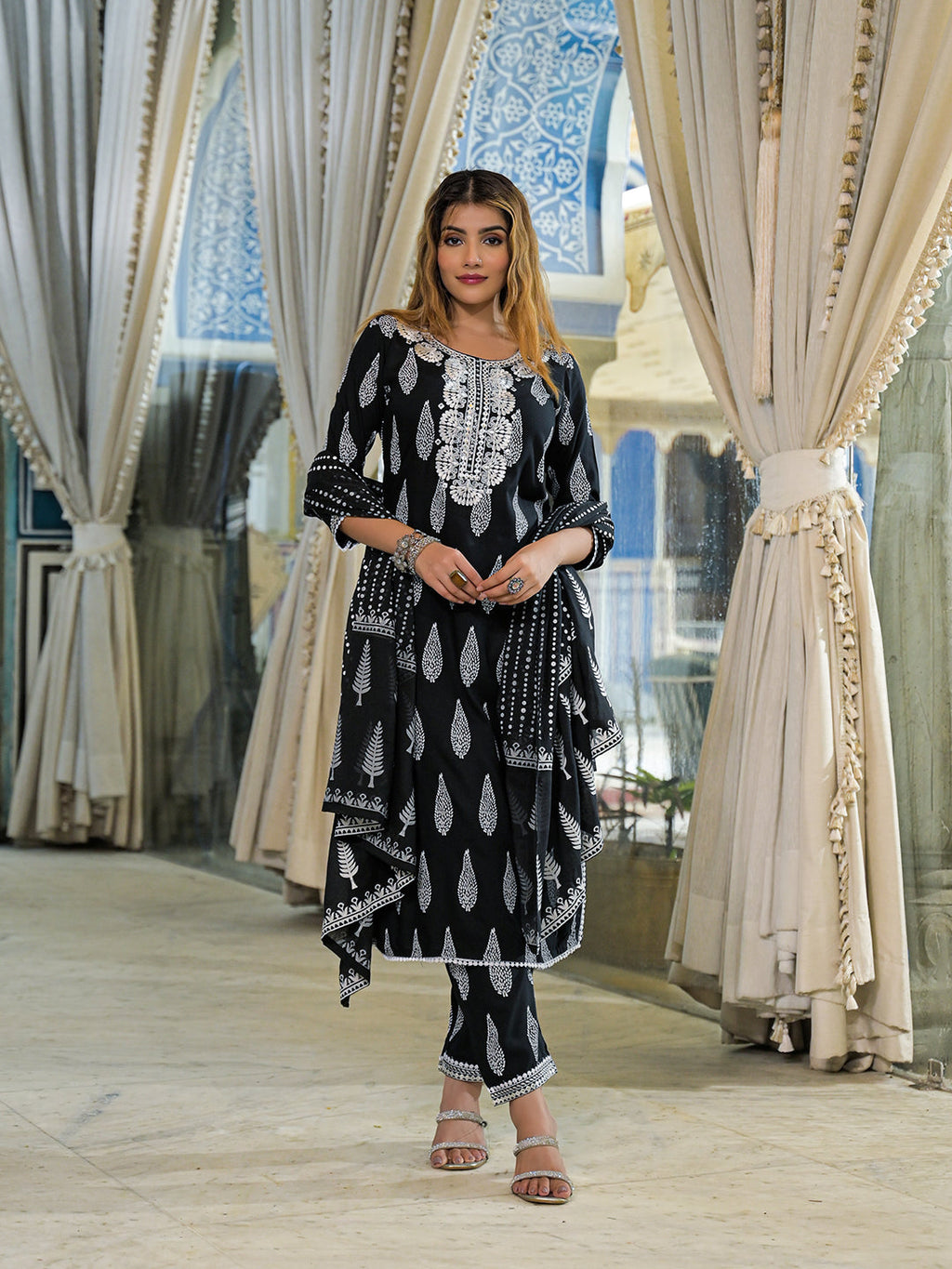 Divena Black Embroidered Rayon Straight Kurta Pant Set With Dupatta