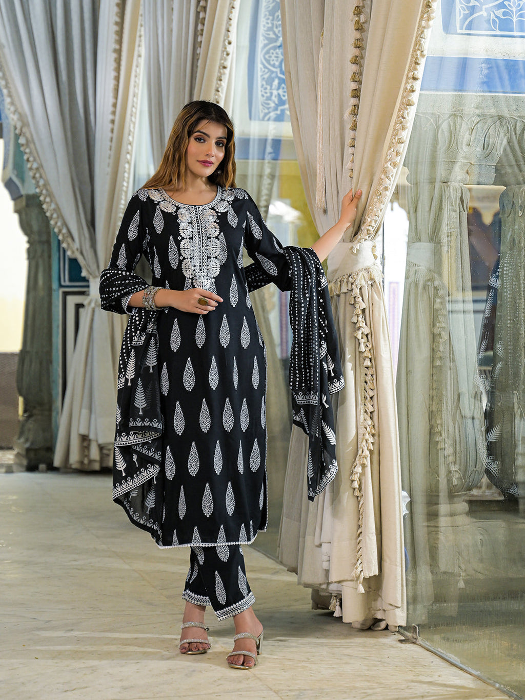 Divena Black Embroidered Rayon Straight Kurta Pant Set With Dupatta