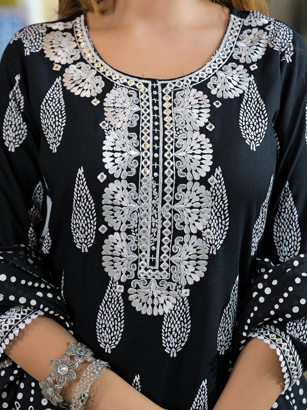 Divena Black Embroidered Rayon Straight Kurta Pant Set With Dupatta