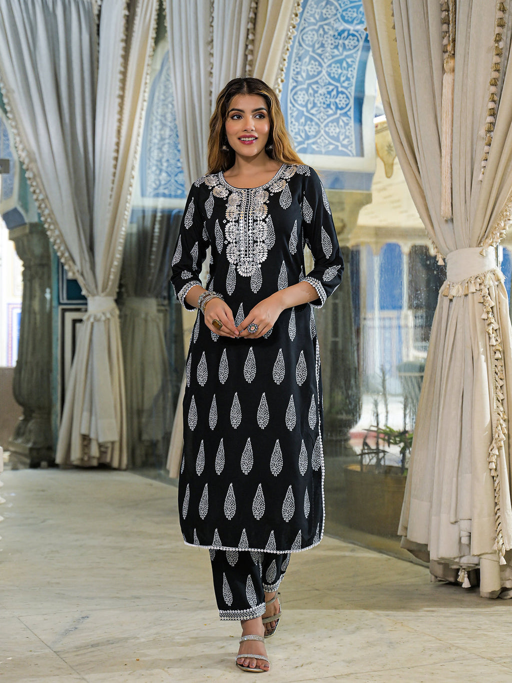 Divena Black Embroidered Rayon Straight Kurta Pant Set With Dupatta