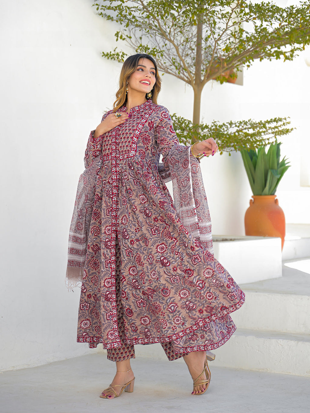 Divena Maroon Hand Block Cotton Anarkali Kurta Pant Set With Dupatta