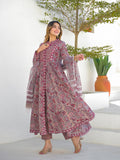 Divena Maroon Hand Block Cotton Anarkali Kurta Pant Set With Dupatta