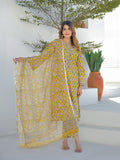 Divena Mustard Hand Block Cotton Straight Kurta Pant Set With Dupatta
