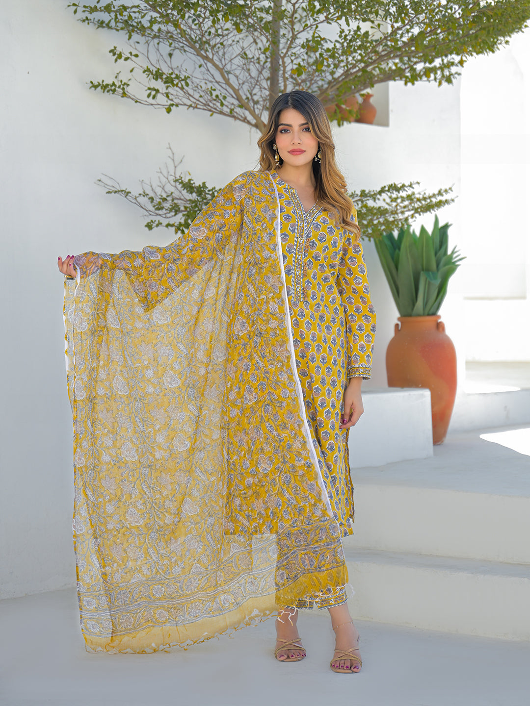 Divena Mustard Hand Block Cotton Straight Kurta Pant Set With Dupatta