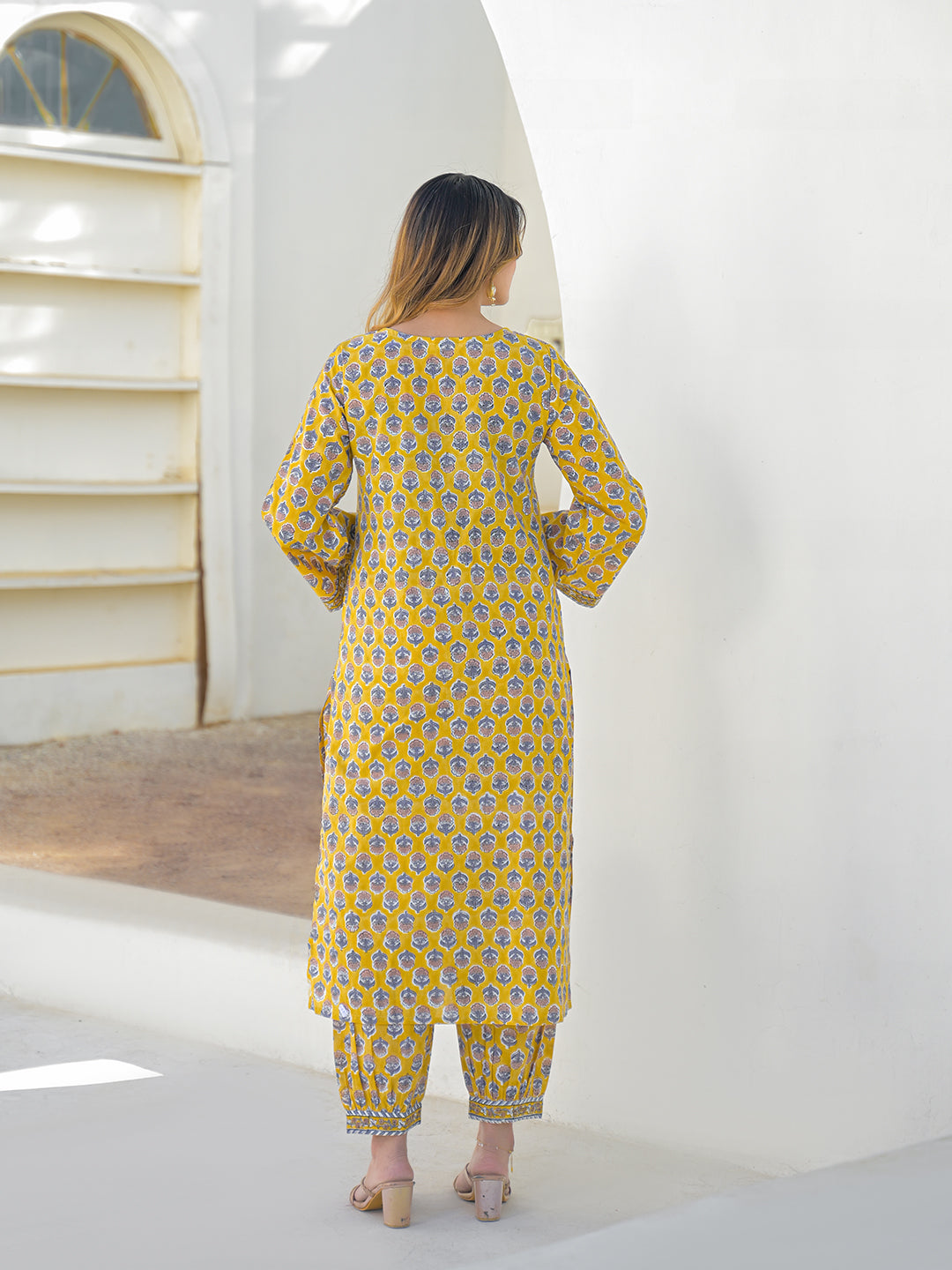 Divena Mustard Hand Block Cotton Straight Kurta Pant Set With Dupatta