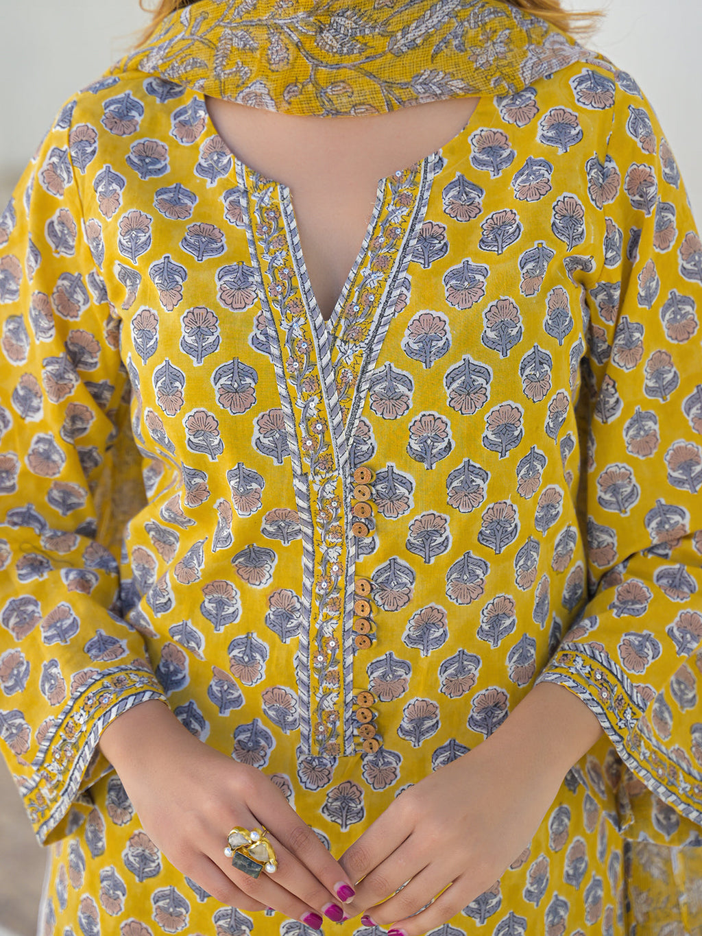 Divena Mustard Hand Block Cotton Straight Kurta Pant Set With Dupatta