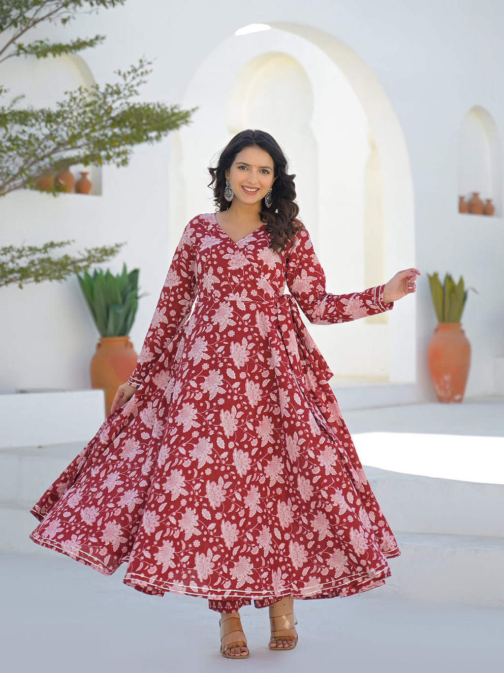 Divena Maroon Anarkali Angrakha Floral Cotton Kurta Pant Sets
