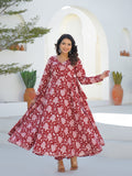 Divena Maroon Anarkali Angrakha Floral Cotton Kurta Pant Sets