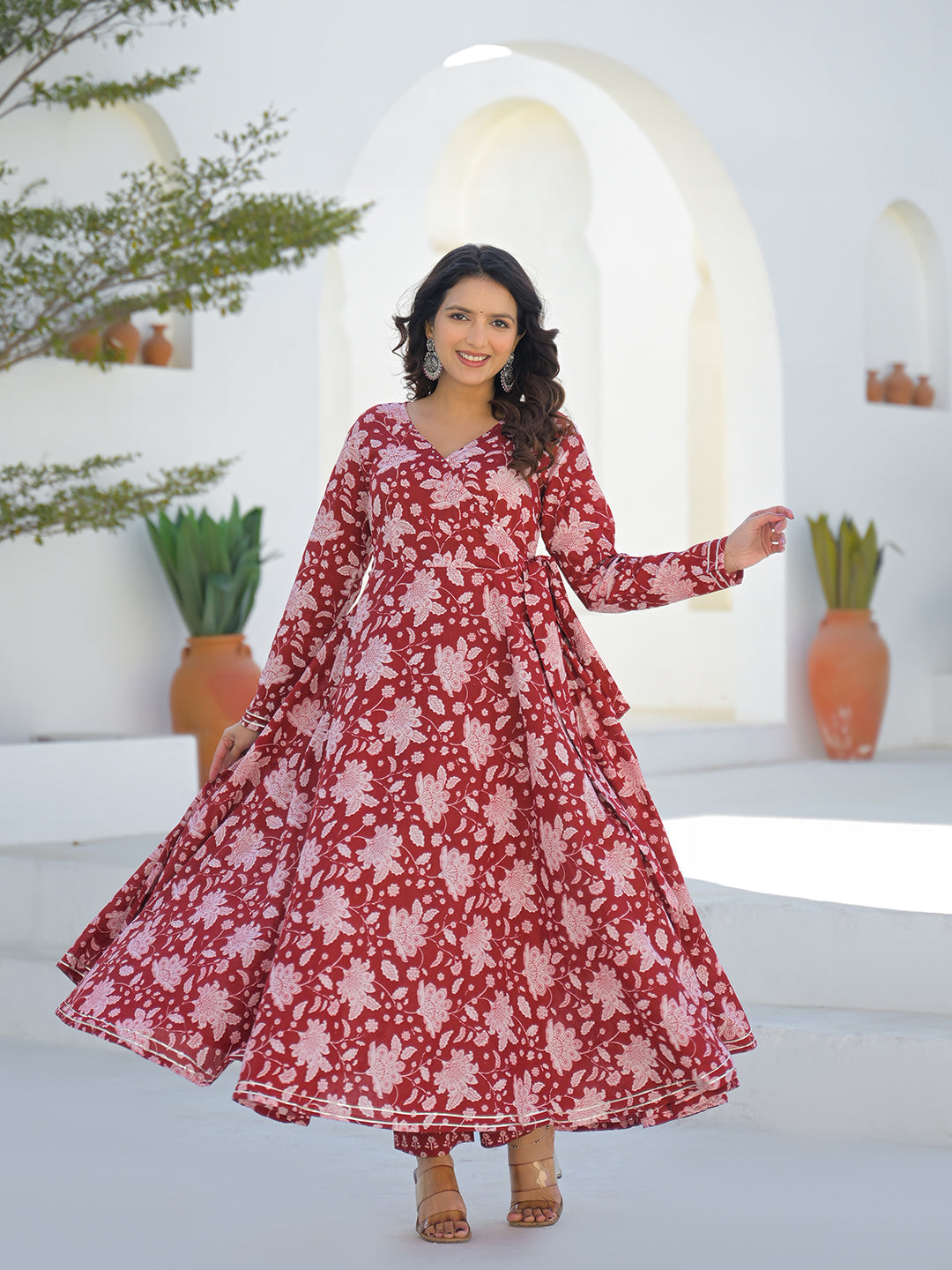 Divena Maroon Anarkali Angrakha Floral Cotton Kurta Pant Sets