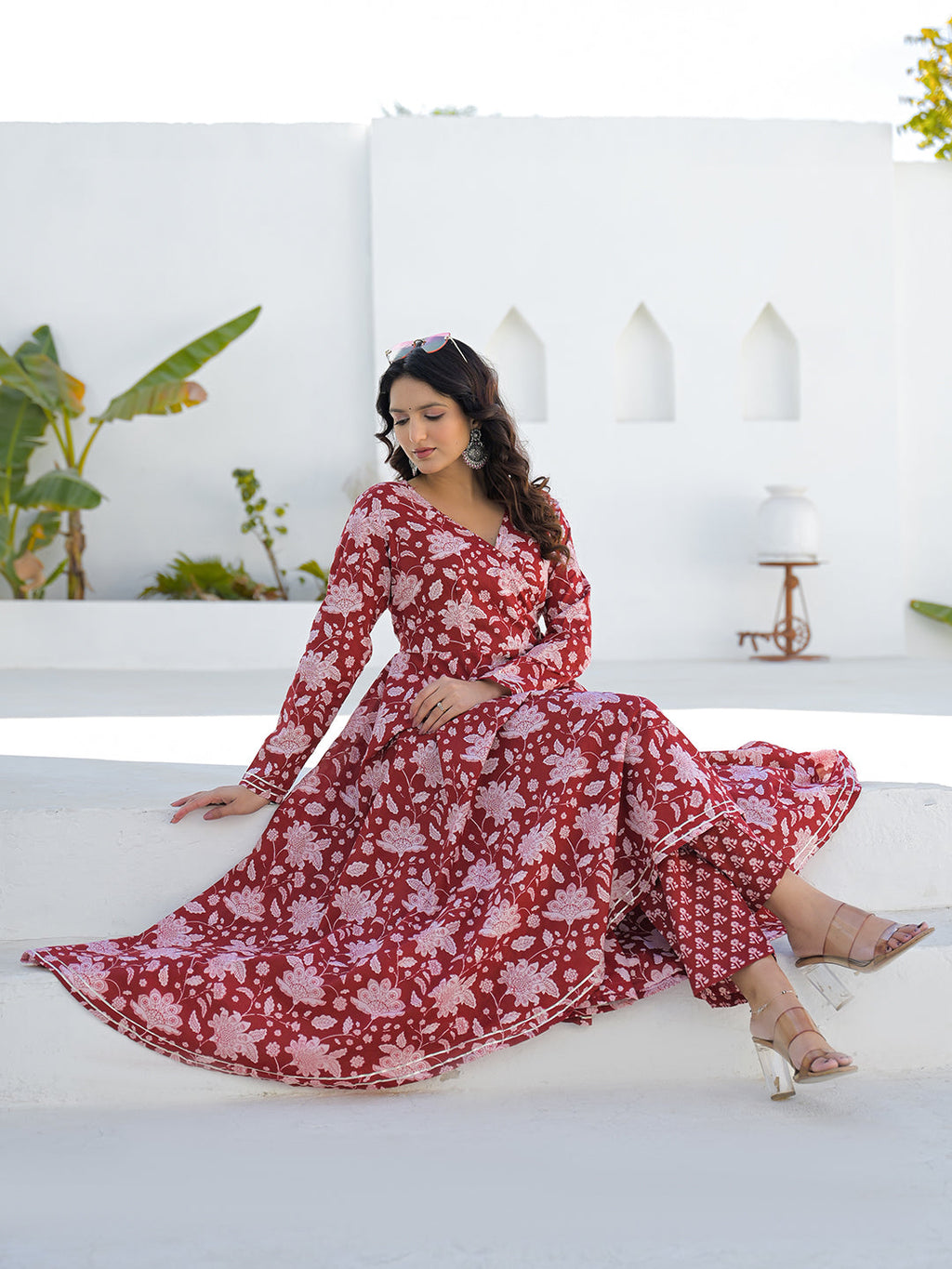 Divena Maroon Anarkali Angrakha Floral Cotton Kurta Pant Sets