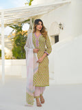 Divena Green Hand Block Cotton Straight Kurta Pant Set With Dupatta
