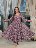 Divena Burgundy Floral Print Cotton Anarkali Kurta Pant Set