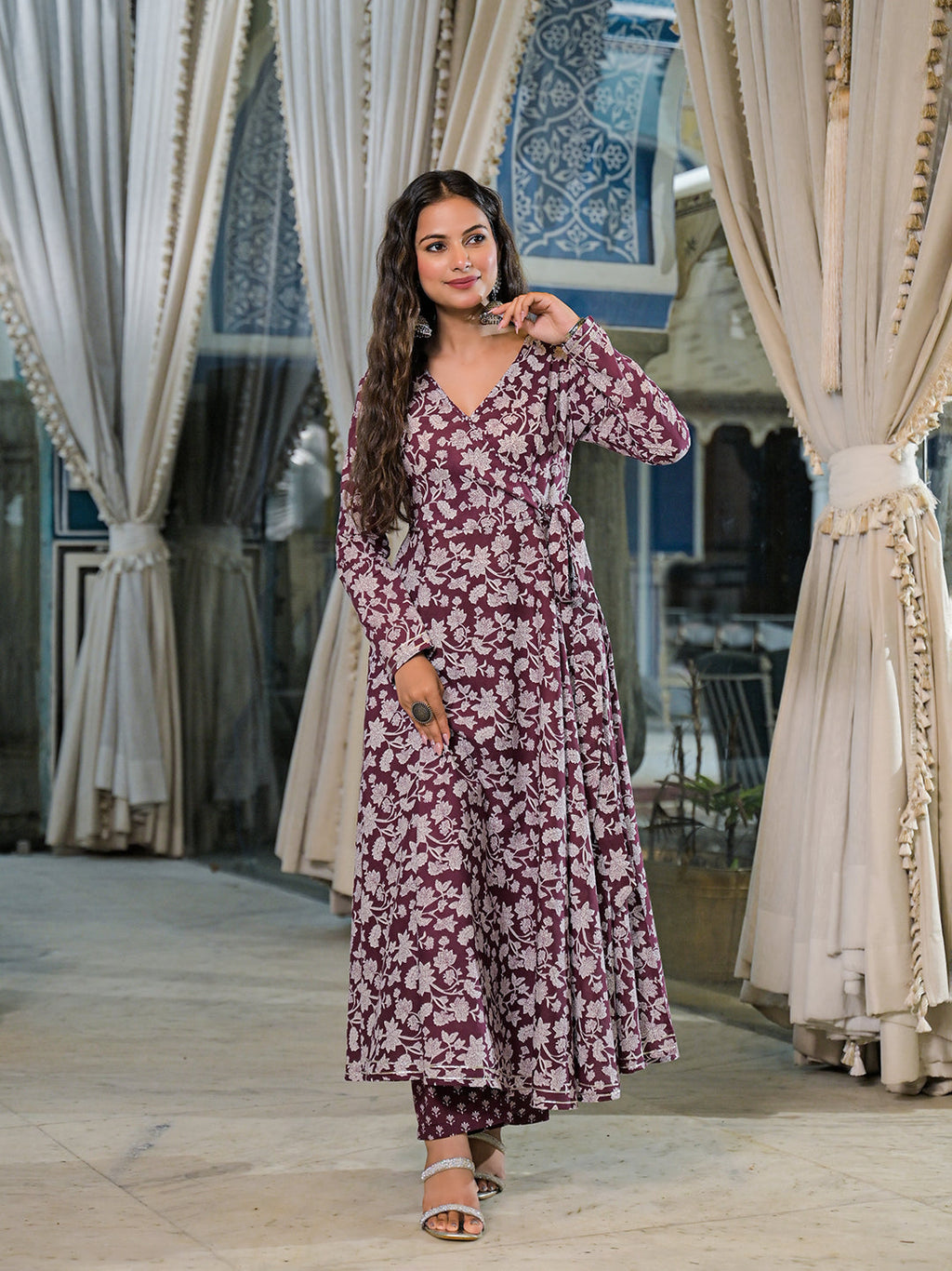 Divena Burgundy Floral Print Cotton Anarkali Kurta Pant Set