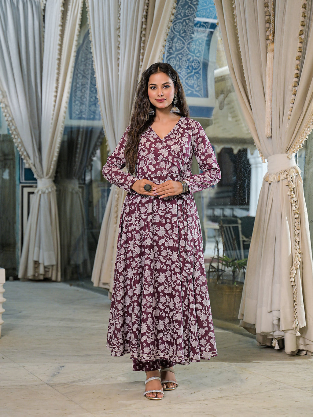 Divena Burgundy Floral Print Cotton Anarkali Kurta Pant Set