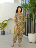 Divena Mahndi Green Curved Hem Cotton Kurta Pant Sets