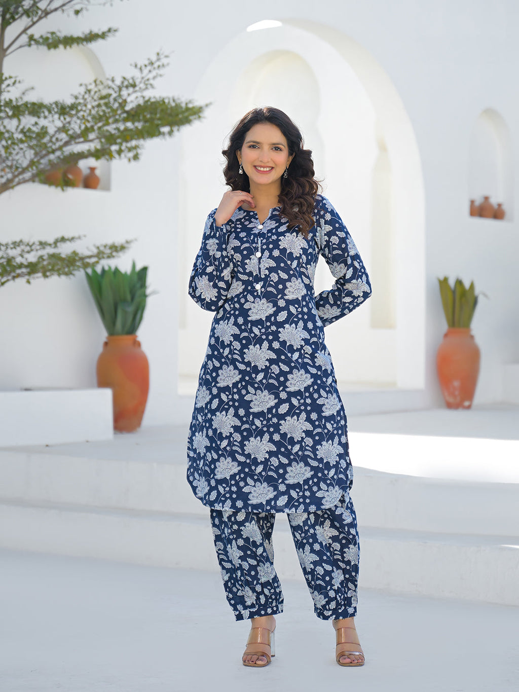 Divena Blue Curved Hem Cotton Kurta Pant Sets