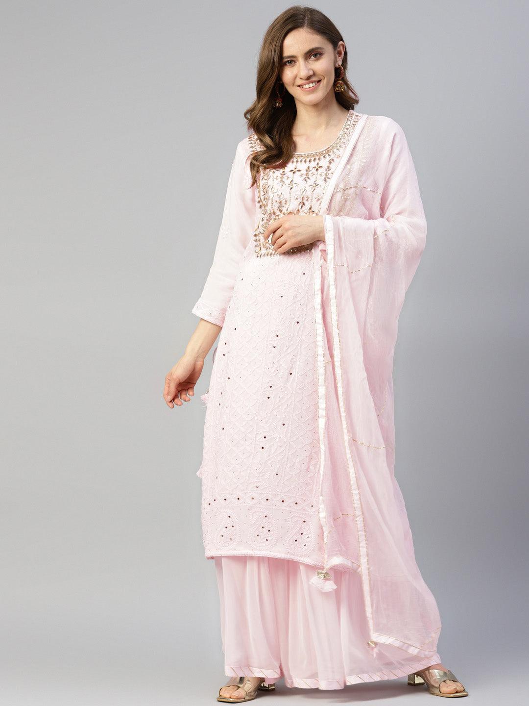 Divena Pure Chicken krai georgette Powder Pink Kurta Palazoo Set with Dupatta