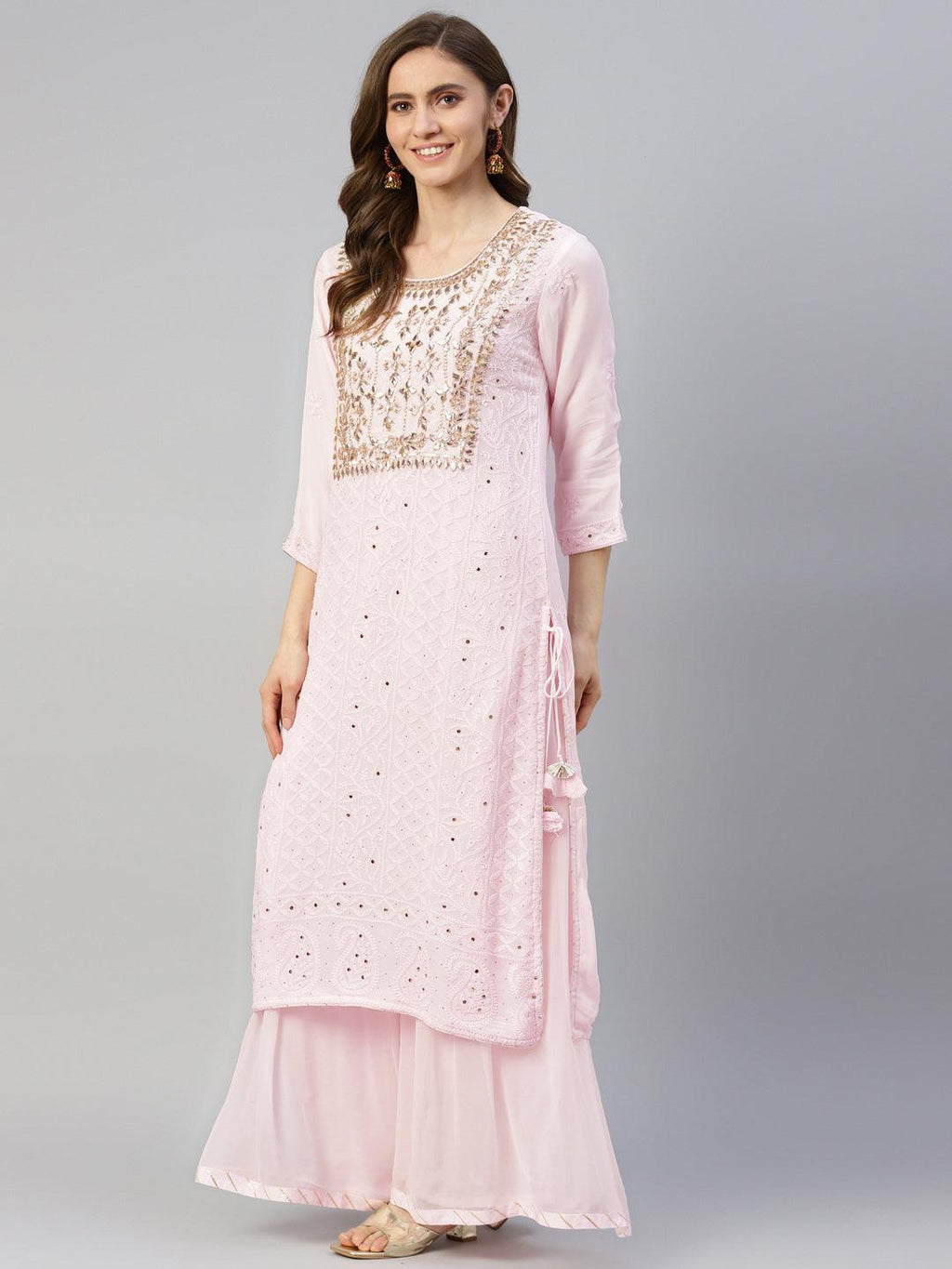 Divena Pure Chicken krai georgette Powder Pink Kurta Palazoo Set with Dupatta