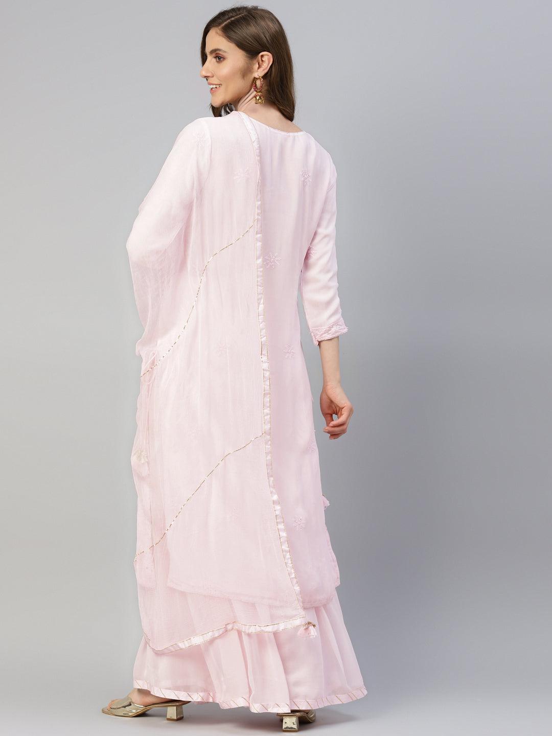 Divena Pure Chicken krai georgette Powder Pink Kurta Palazoo Set with Dupatta