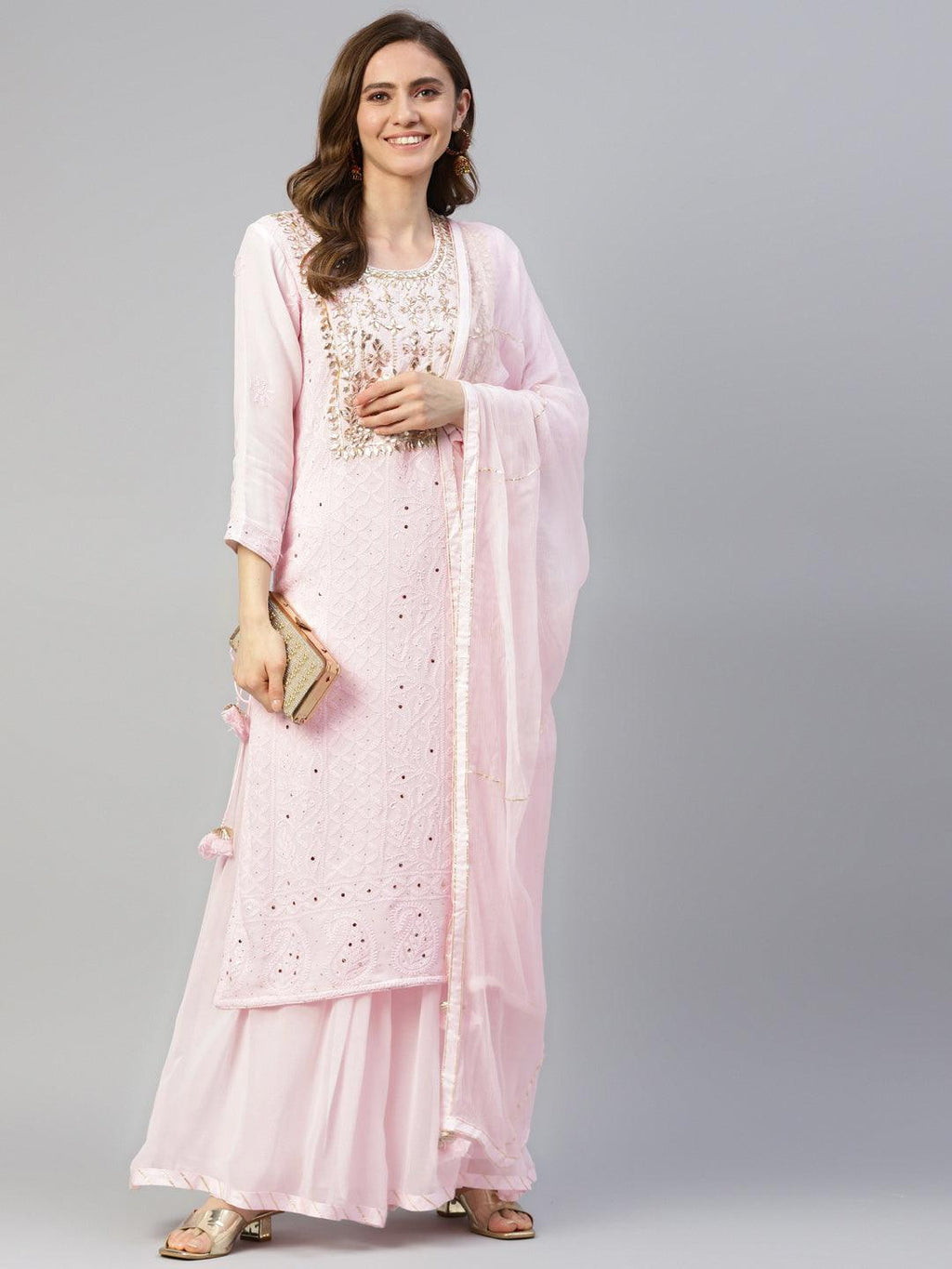 Divena Pure Chicken krai georgette Powder Pink Kurta Palazoo Set with Dupatta
