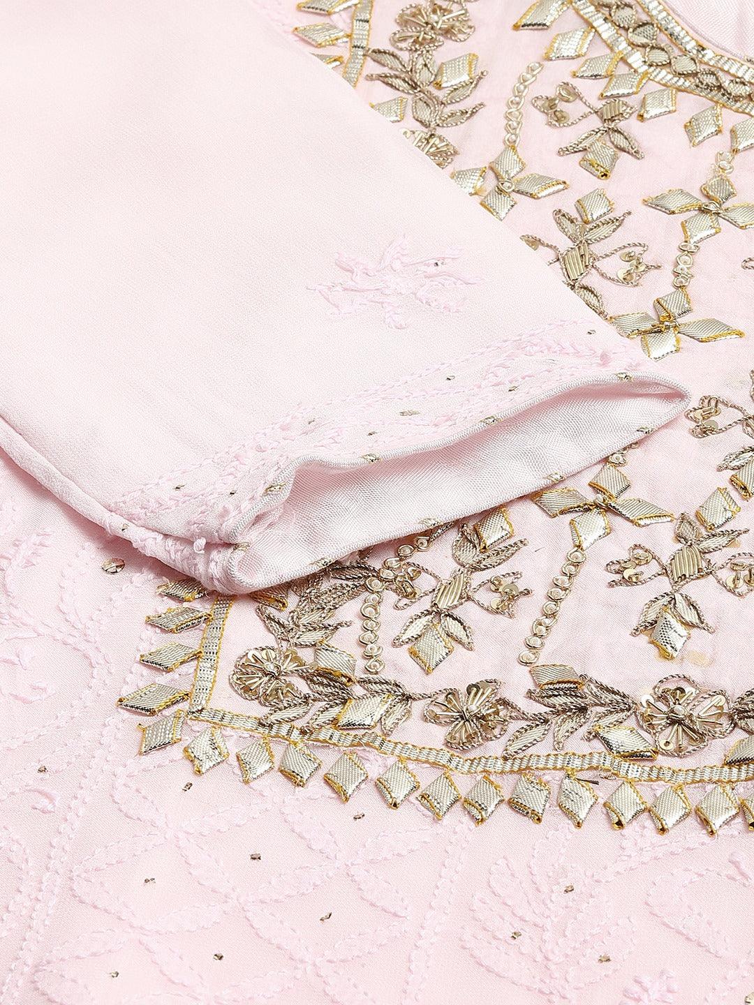 Divena Pure Chicken krai georgette Powder Pink Kurta Palazoo Set with Dupatta