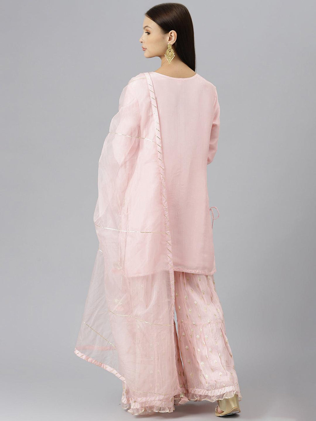 Divena Women Pink Yoke Design Zardozi Chanderi Silk Kurta with Sharara & With Dupatta