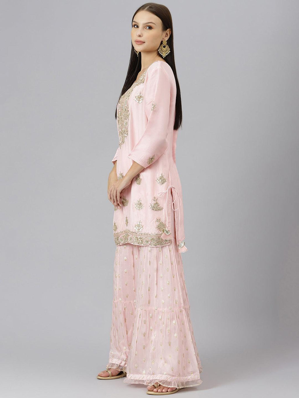 Divena Women Pink Yoke Design Zardozi Chanderi Silk Kurta with Sharara & With Dupatta