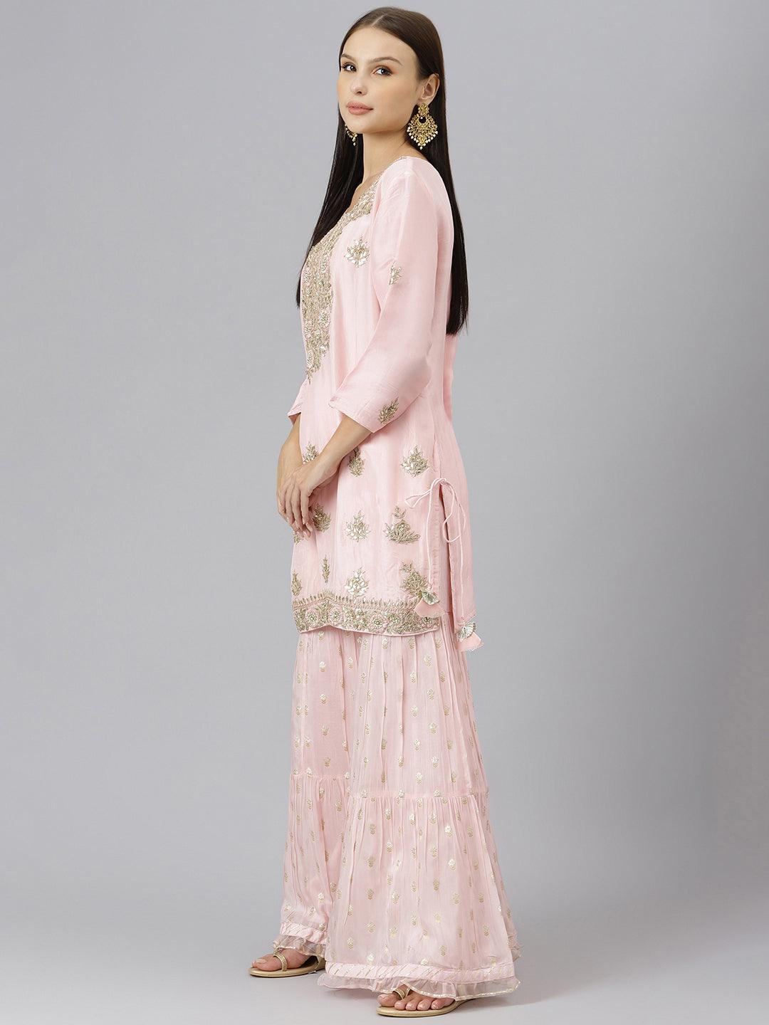 Divena Women Pink Yoke Design Zardozi Chanderi Silk Kurta with Sharara & With Dupatta