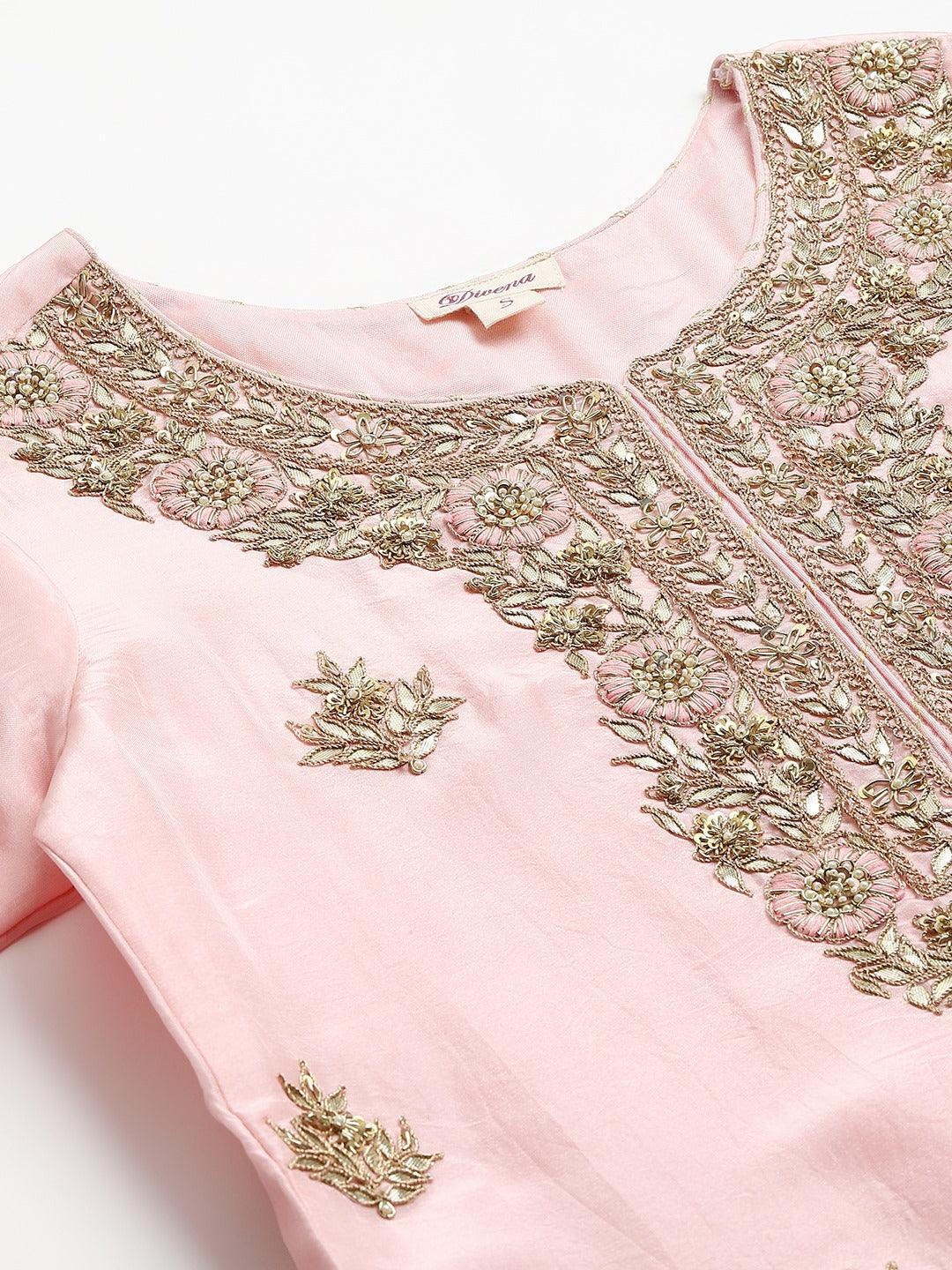Divena Women Pink Yoke Design Zardozi Chanderi Silk Kurta with Sharara & With Dupatta