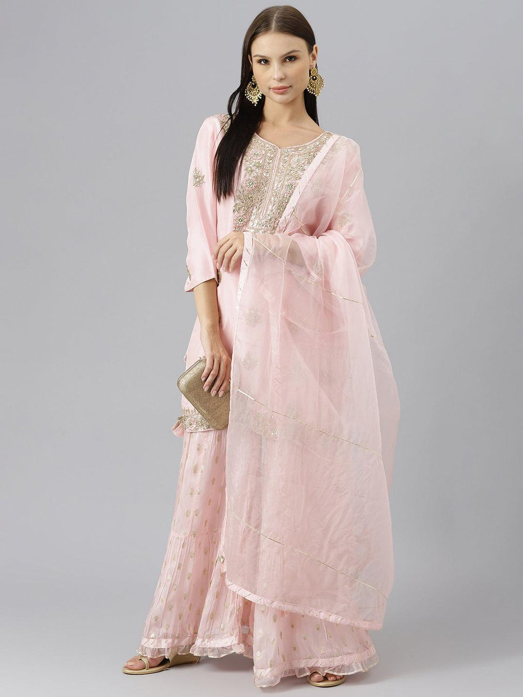 Divena Women Pink Yoke Design Zardozi Chanderi Silk Kurta with Sharara & With Dupatta