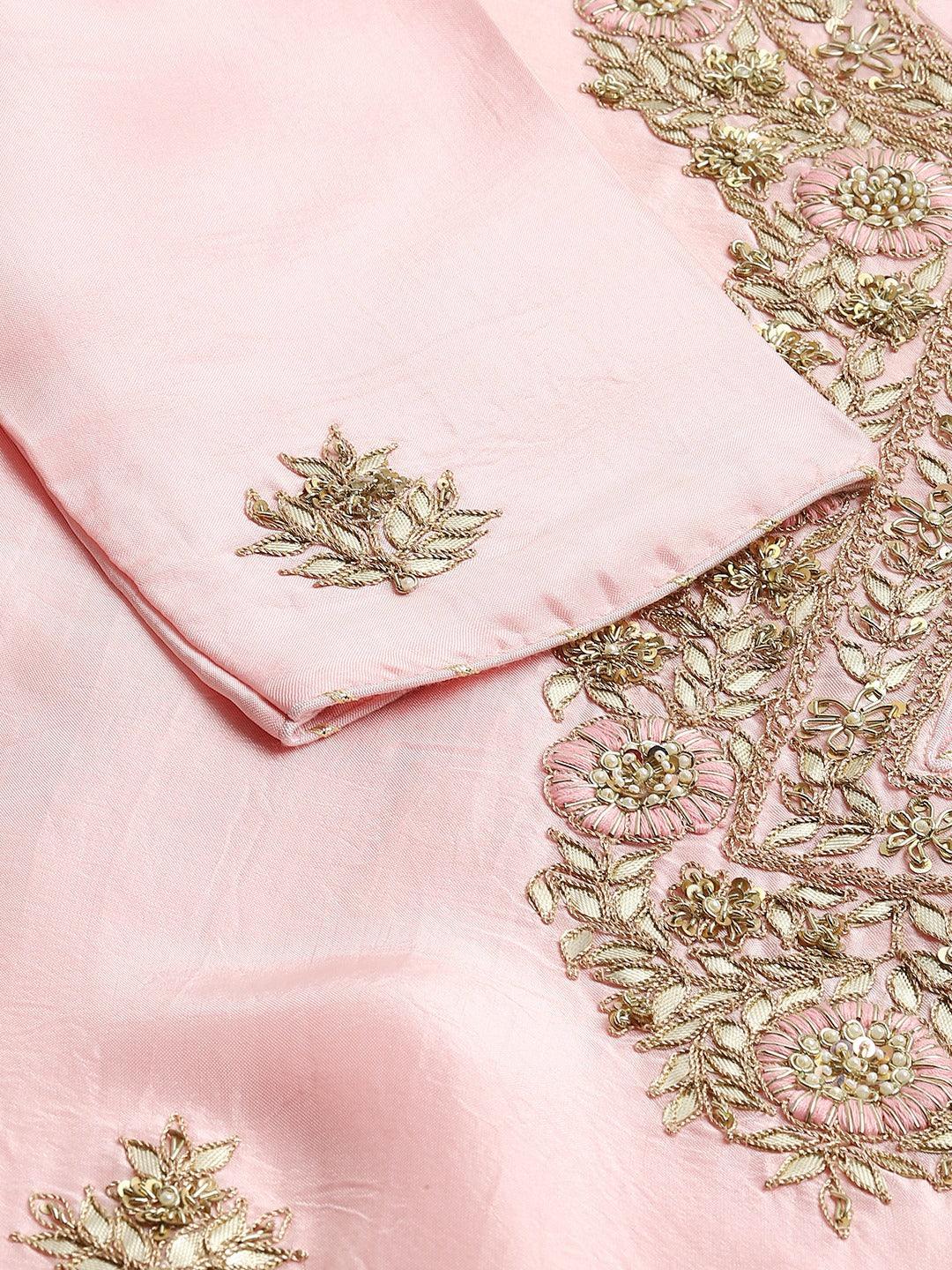 Divena Women Pink Yoke Design Zardozi Chanderi Silk Kurta with Sharara & With Dupatta
