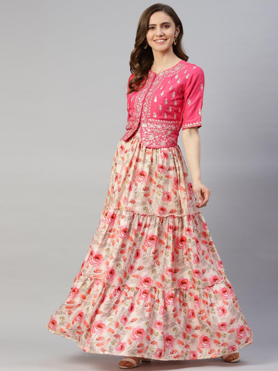 Divena Pink Raw Silk Top with skirt set