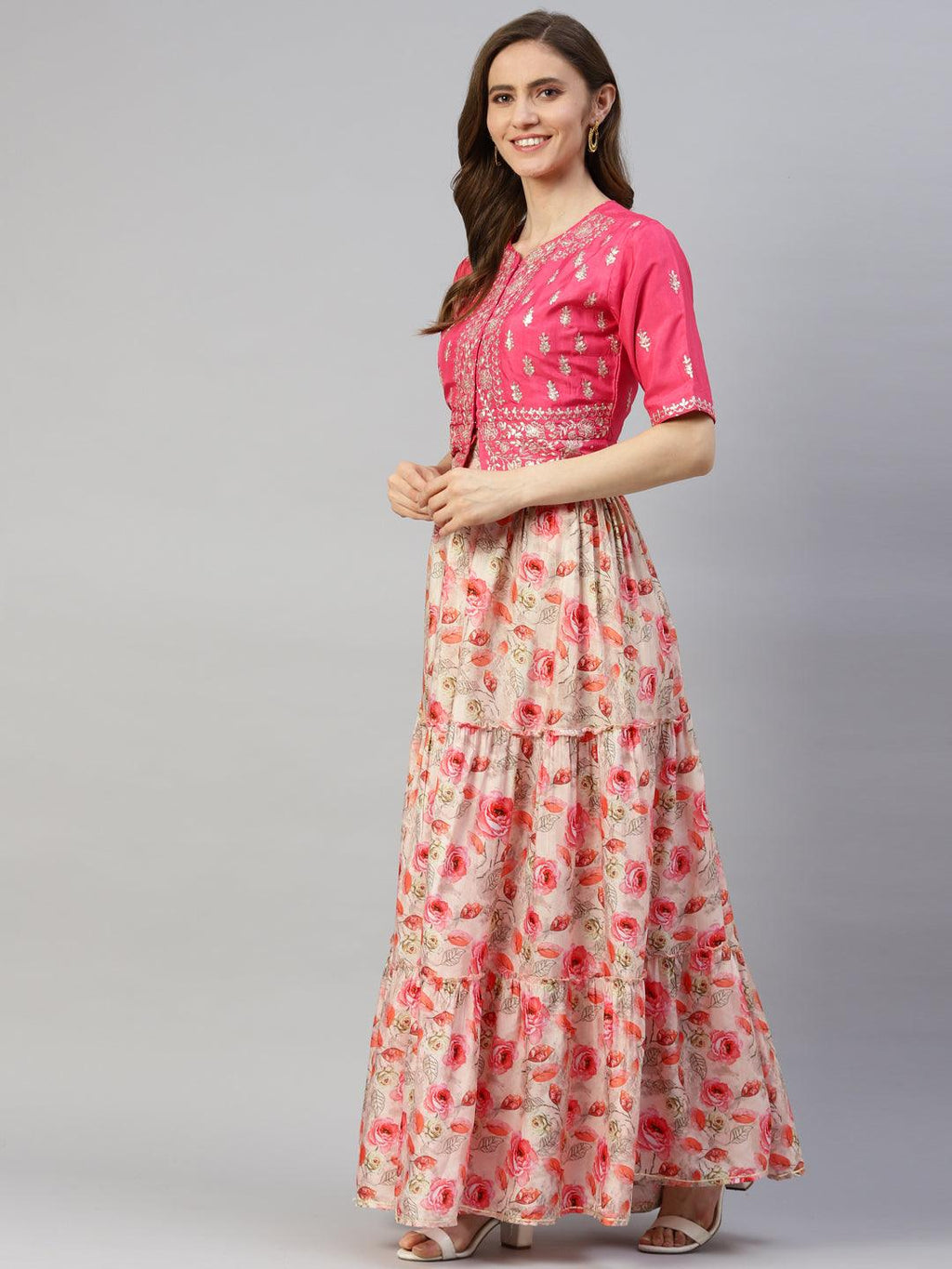 Divena Pink Raw Silk Top with skirt set
