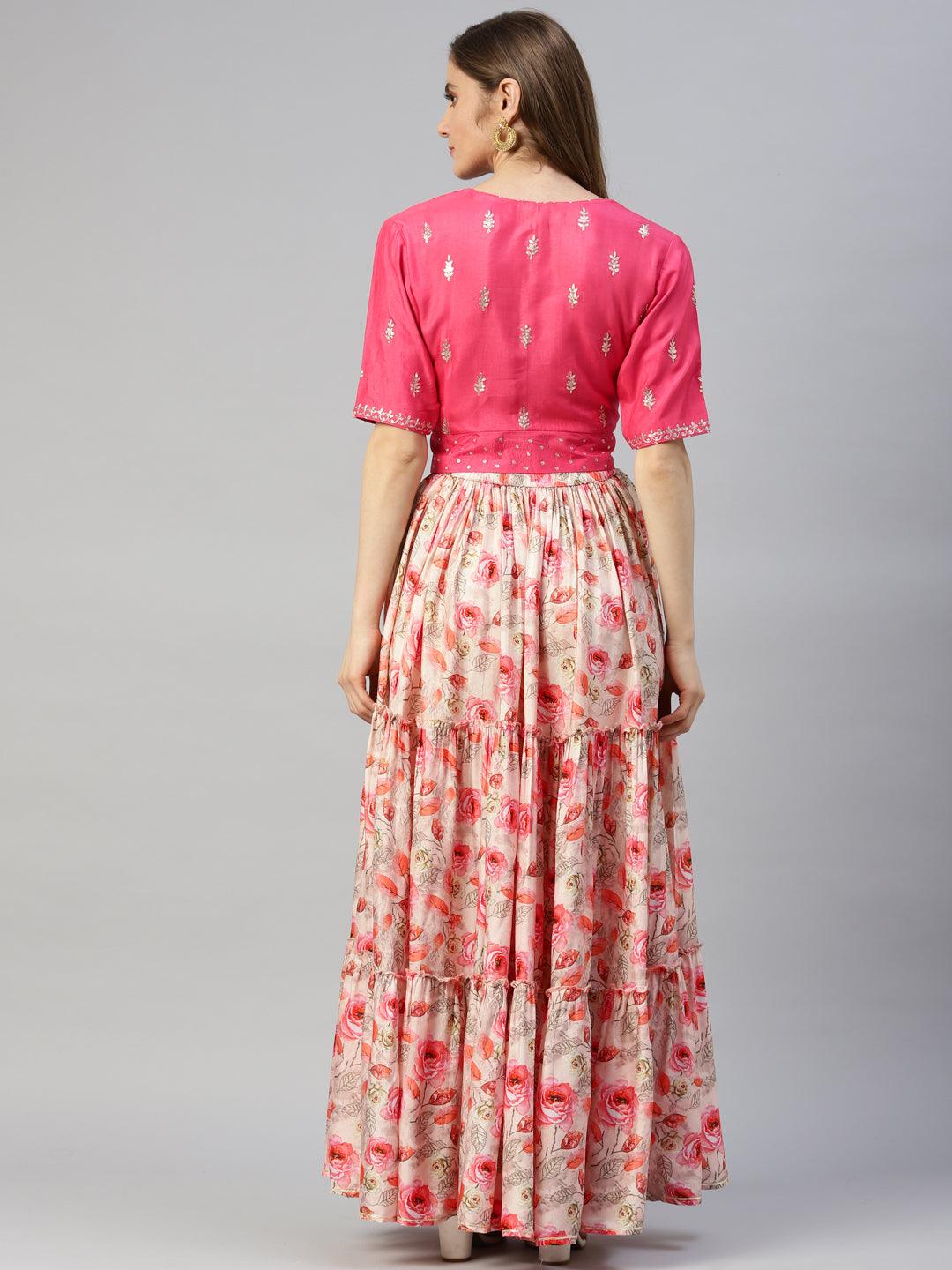 Divena Pink Raw Silk Top with skirt set