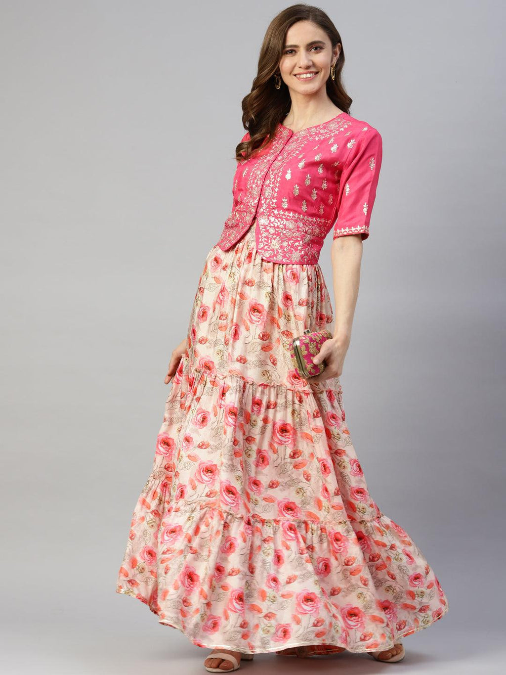 Divena Pink Raw Silk Top with skirt set