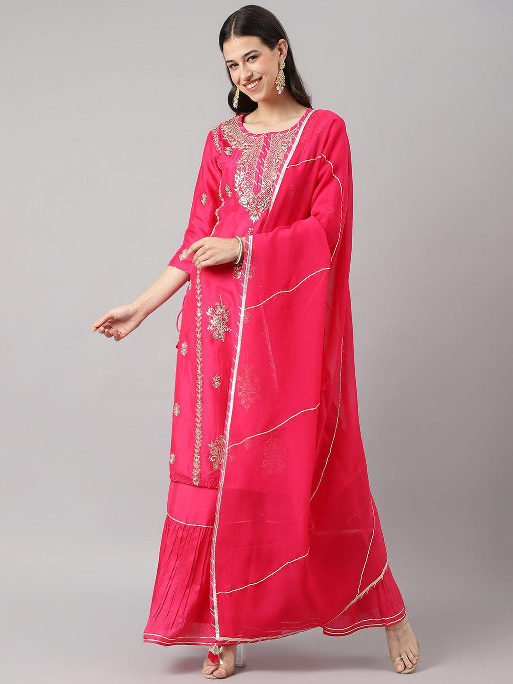 Divena Pink russian silk Hand embroidery Kurta Sharara with Organza dupatta