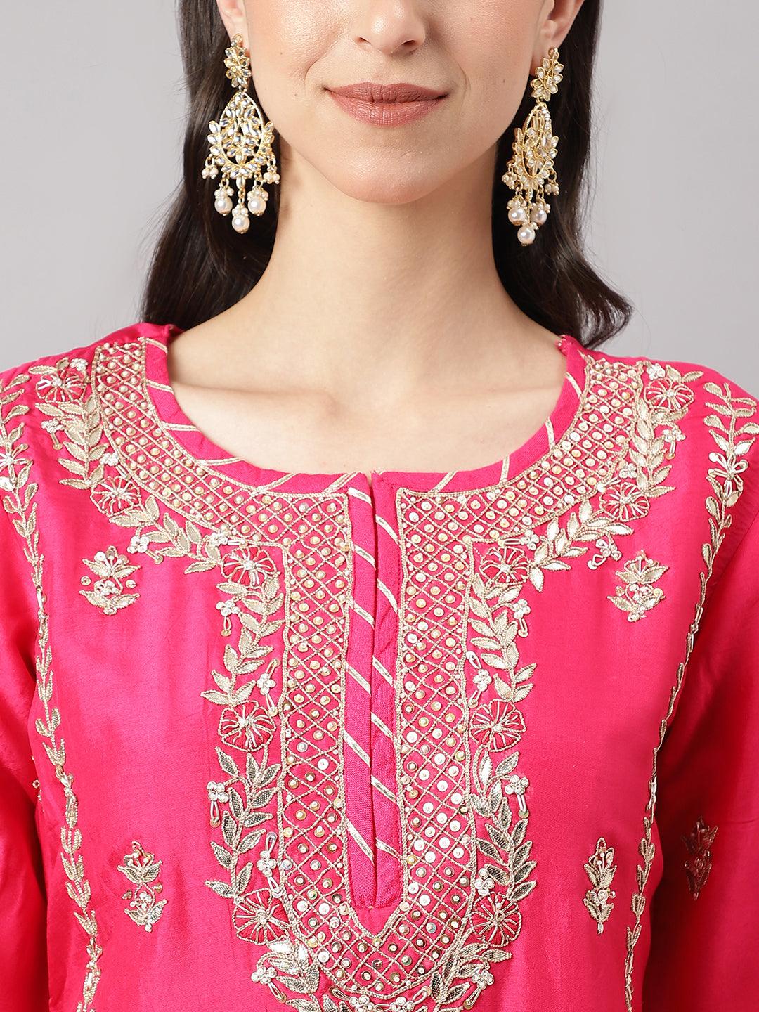Divena Pink russian silk Hand embroidery Kurta Sharara with Organza dupatta