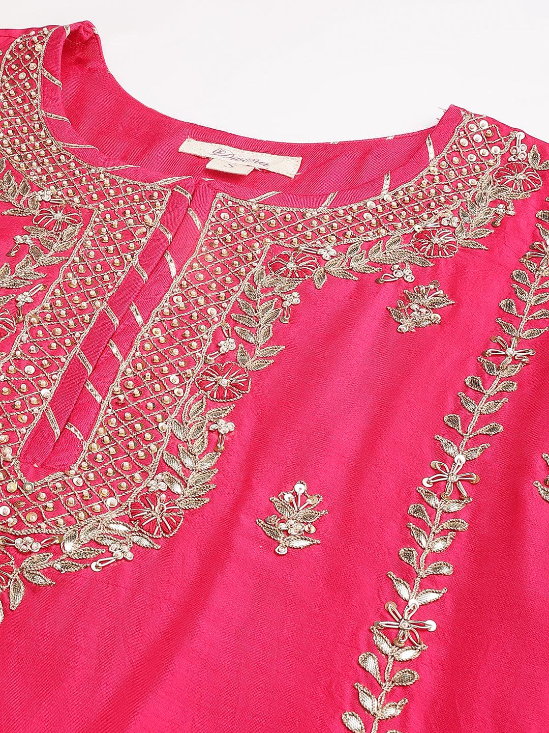 Divena Pink russian silk Hand embroidery Kurta Sharara with Organza dupatta
