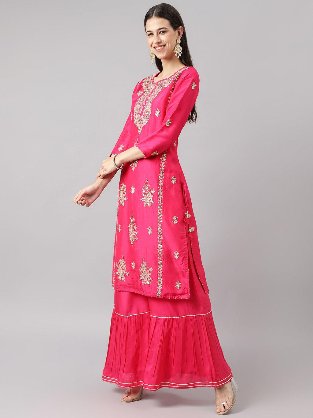 Divena Pink russian silk Hand embroidery Kurta Sharara with Organza dupatta