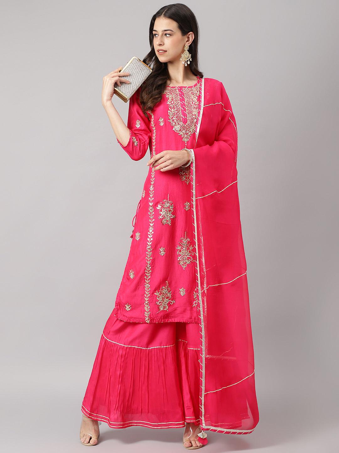 Divena Pink russian silk Hand embroidery Kurta Sharara with Organza dupatta