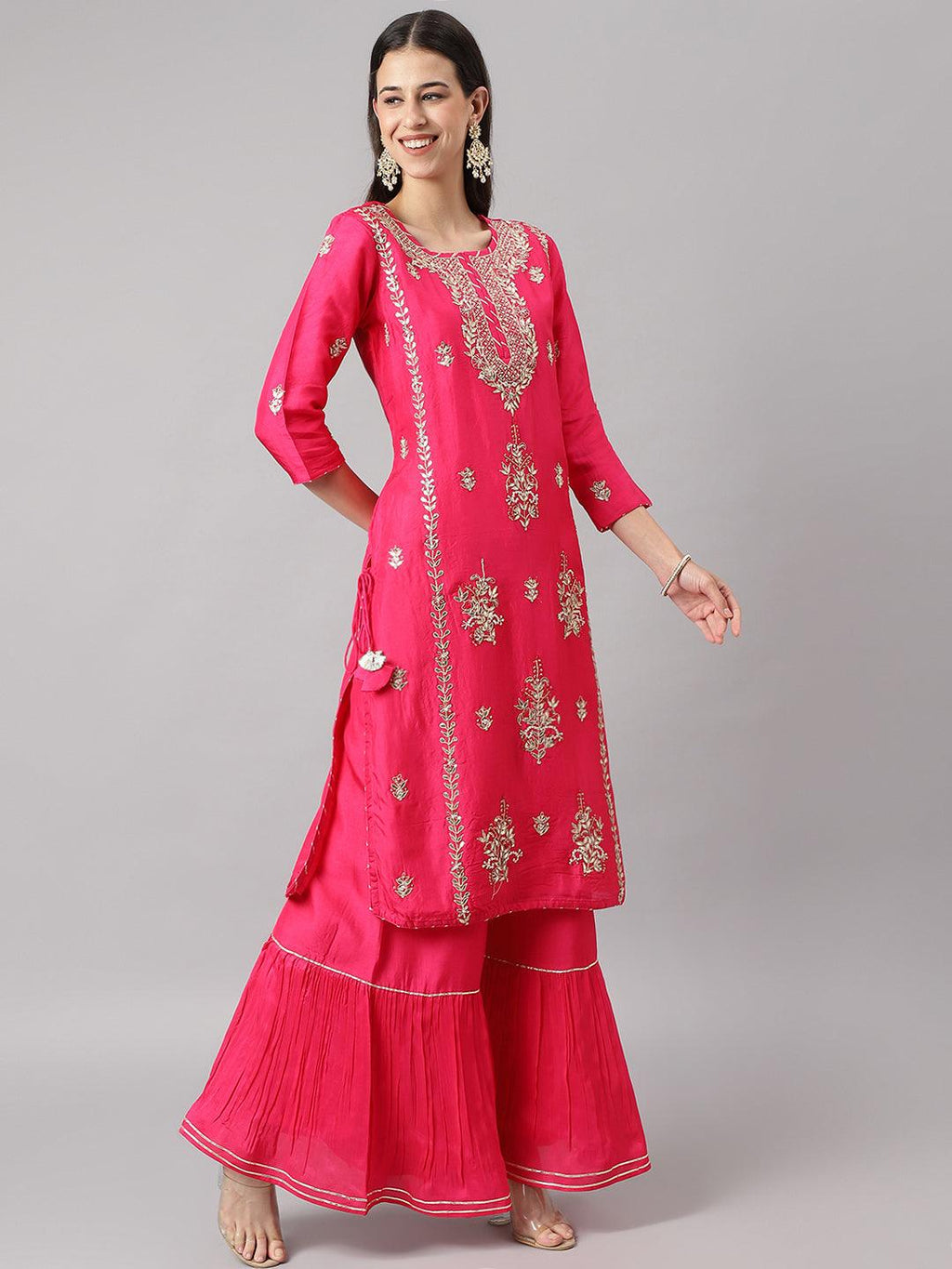 Divena Pink russian silk Hand embroidery Kurta Sharara with Organza dupatta