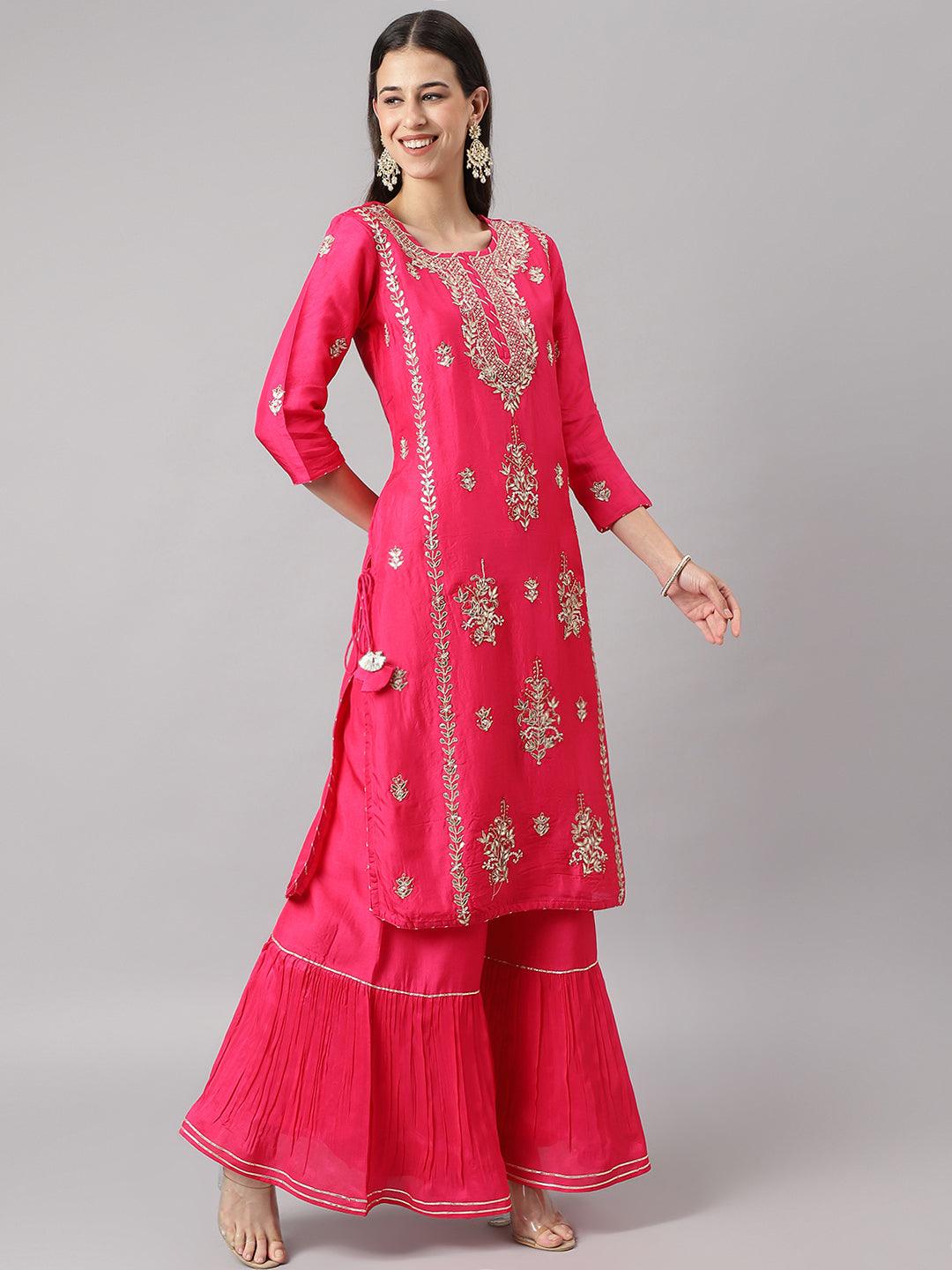 Divena Pink russian silk Hand embroidery Kurta Sharara with Organza dupatta